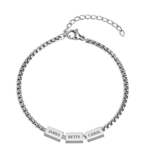Custom Engraved Name Square Bracelet Men Fashion Stainless Steel Pearl Chain Bracelet Jewelry Birthday Gift Wholesale